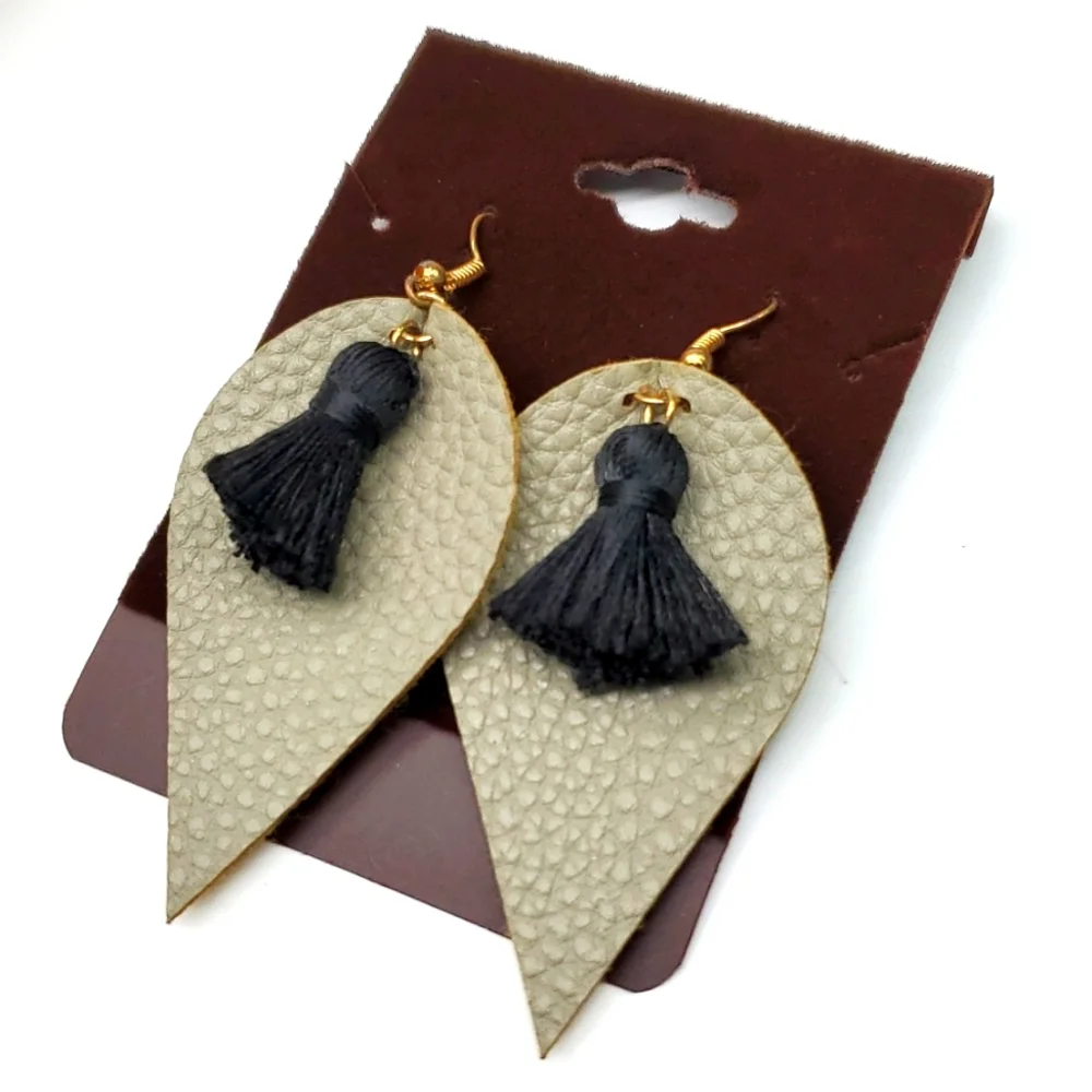 Gray Faux Leather with Black Tassel Dangly Pierced Earrings